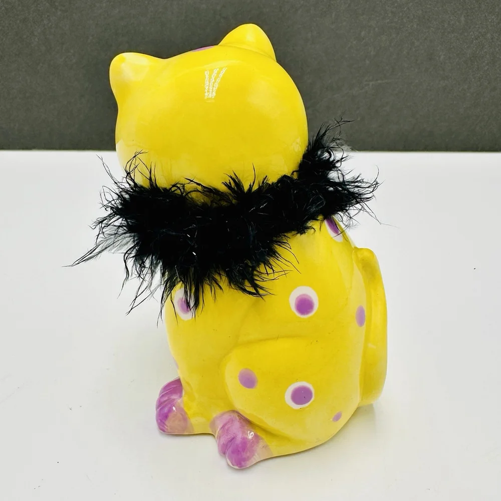Vintage Anthropomorphic Ceramic Cat Kitten 4.5” Boa Fur Figurine Japan Kitty